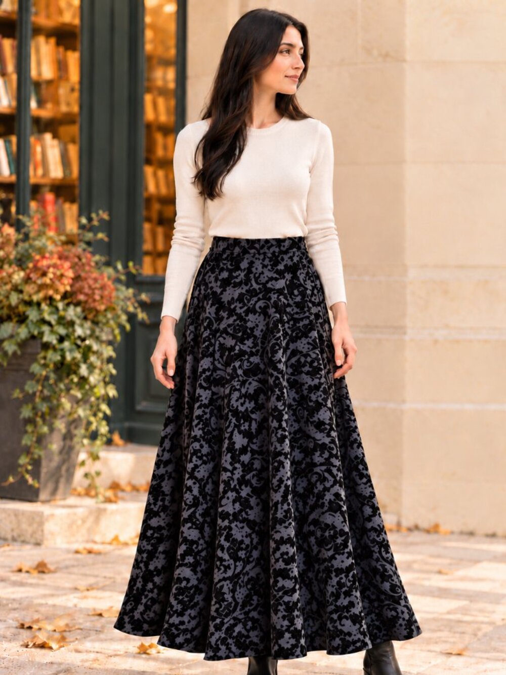 Kate Hill Burnout Velvet A-Line Midi Skirt Black Grey Size 12 Romantic Goth